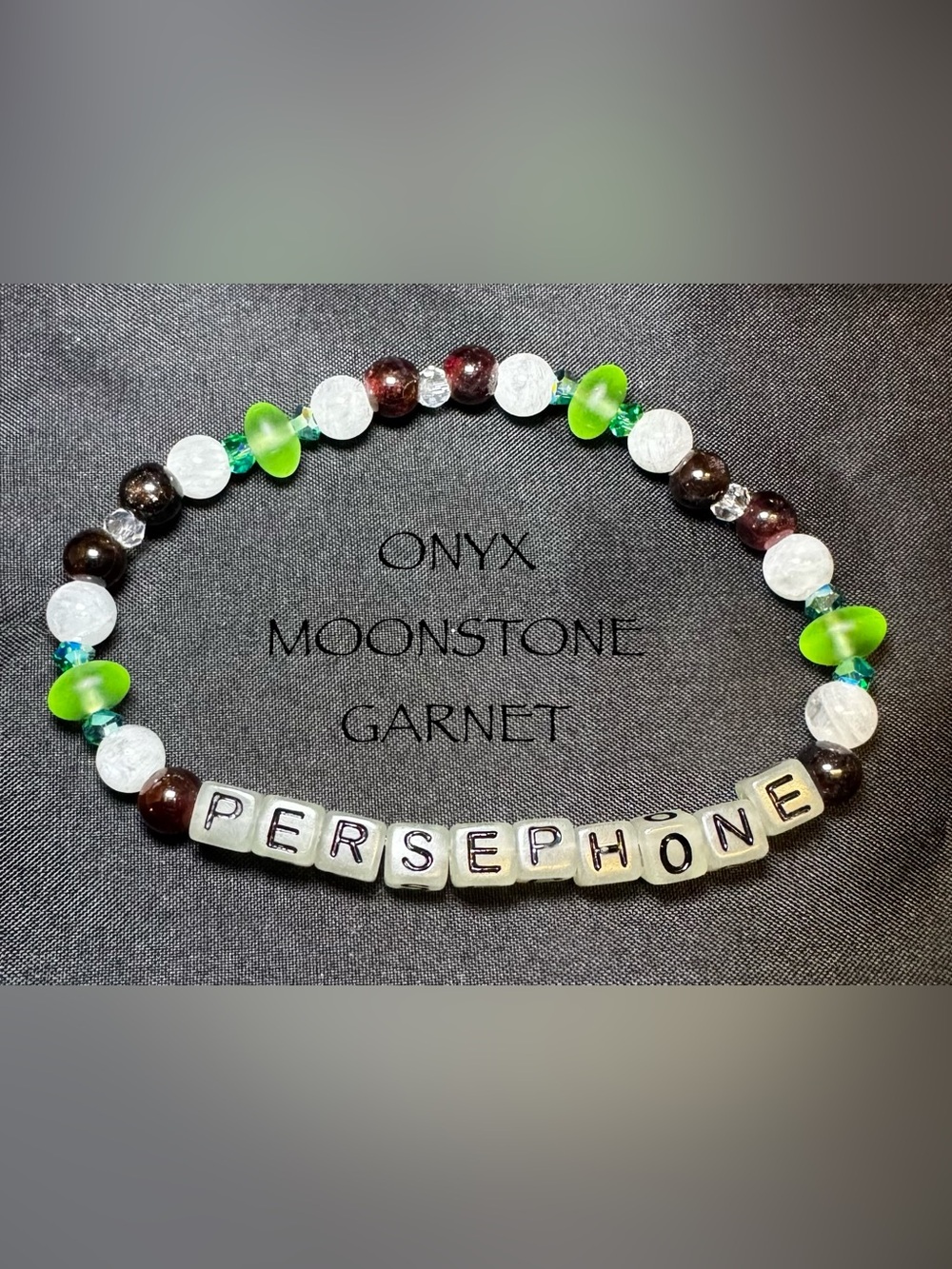 Onyx, Moonstone & Garnet Beaded Bracelet - Green Accents
